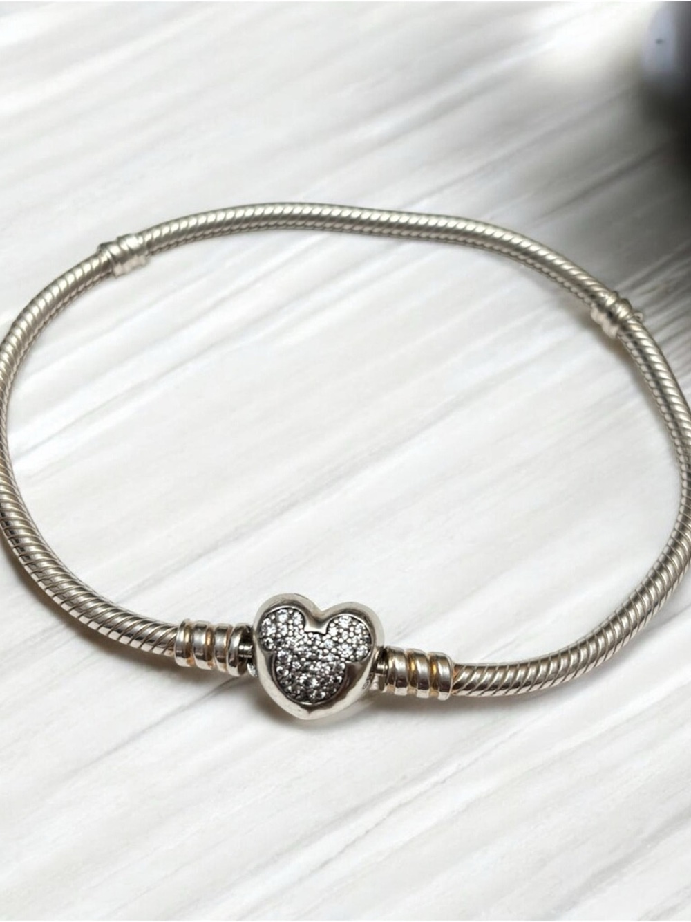 Sterling Silver Disney’s  Heart Charm Bracelet with Pave Crystals